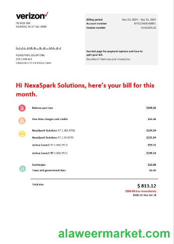 USA Verizon telecommunications business utility bill template in Word and PDF formats
